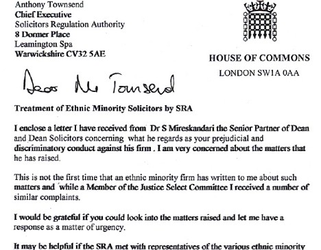 Keith Vaz's letter on behalf of Shahrokh Mireskandari